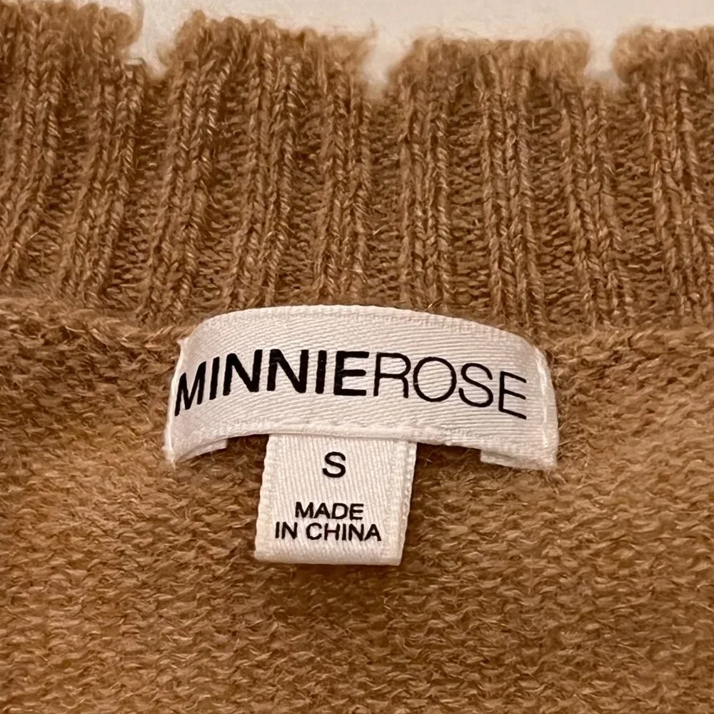 Minnie Rose Cashmere Frayed Edge V-Neck Sweater, Camel S